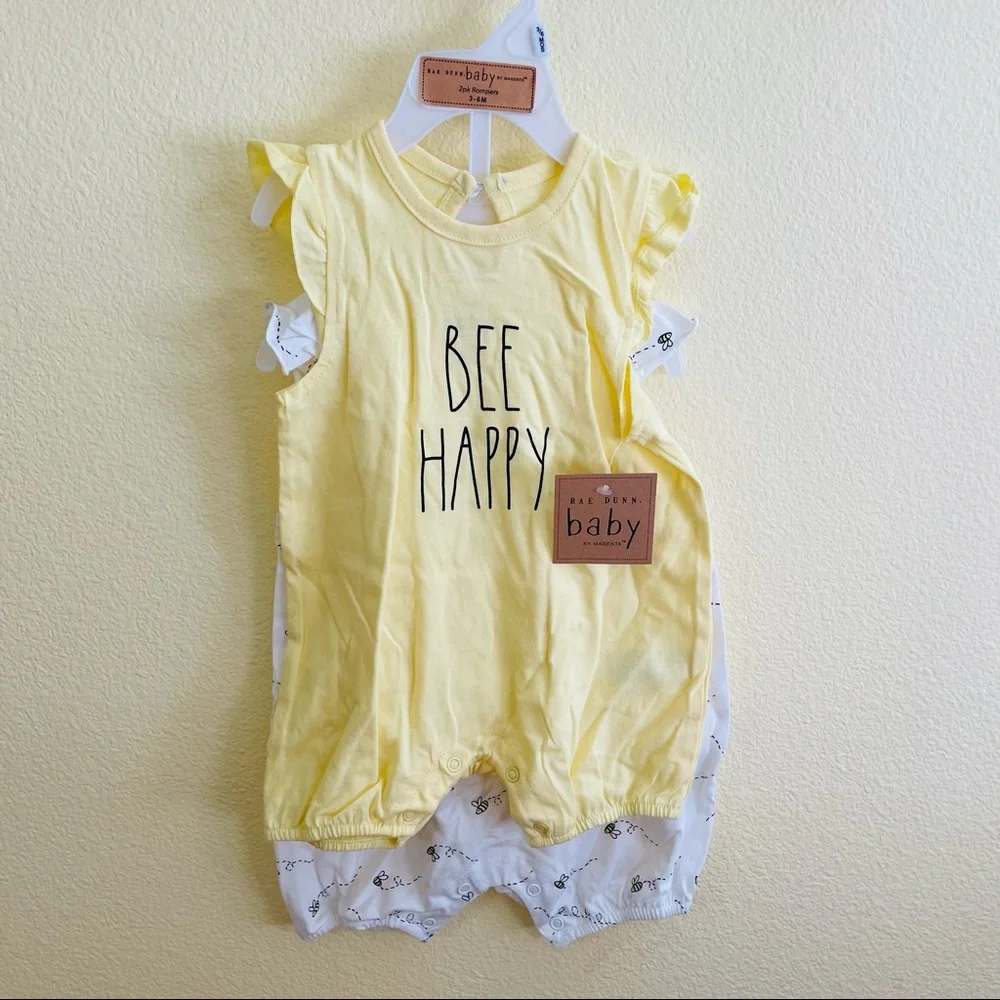 Rae Dunn Baby Girl Newborn Bee Happy Rompers Set 3-6M